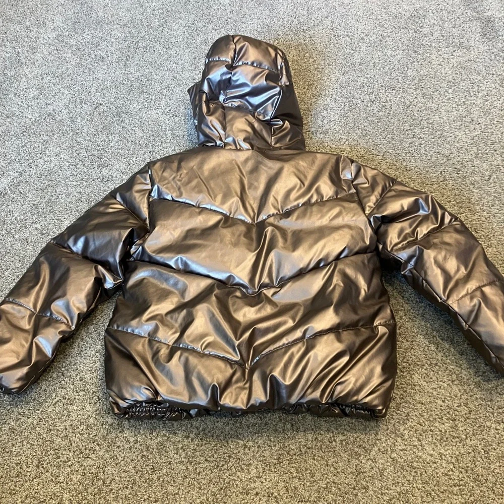 Abercrombie Kids Metallic Bronze Hooded Puffer Jacket Faux Fur Lined Size 5/6